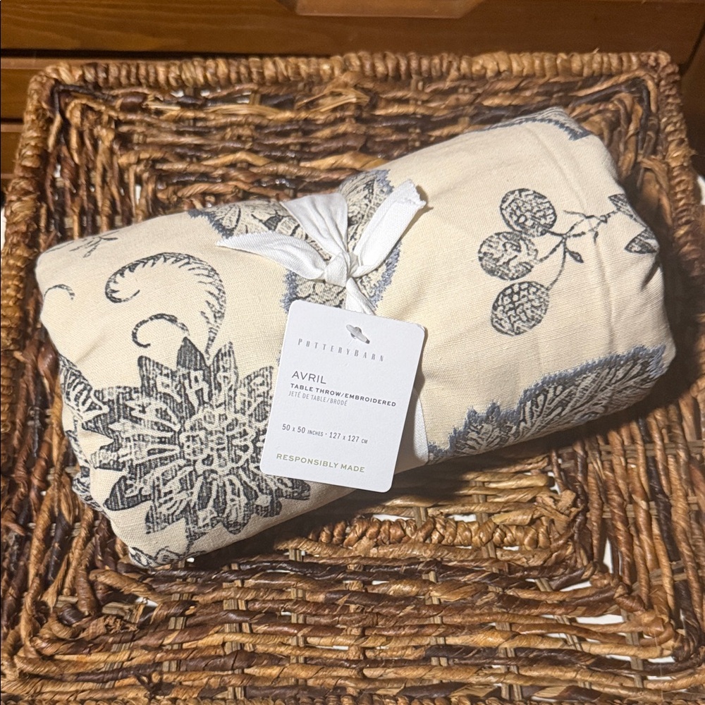 Pottery Barn Avril Embroidered Table Throw 50” x 50” BNWT